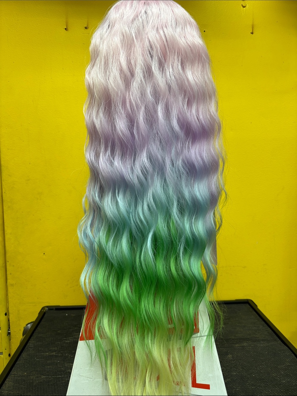 Pastel Rainbow Ombre Wavy Women’s Hairpiece Green & Lilac Pre-cut Synthetic Wig